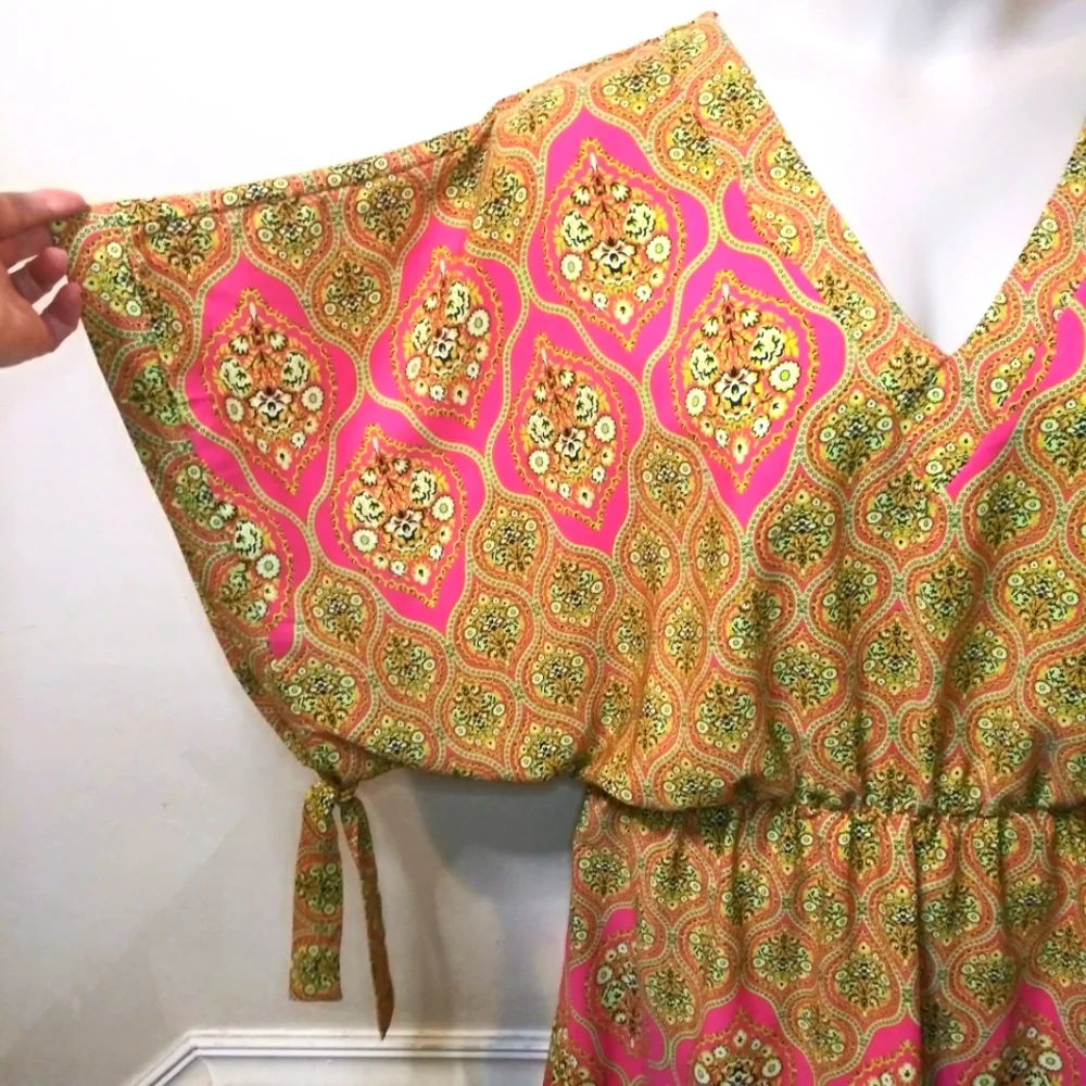 Moss Hot Pink & Lime Floral Boho Mini Dress/Swim Cover - Picture 4 of 8